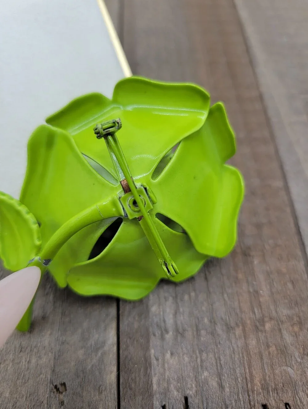 Vintage Lime Green Painted Floral Flower Brooch
